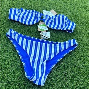 Striped Blue Bandeau Bikini Set - Women's Swim